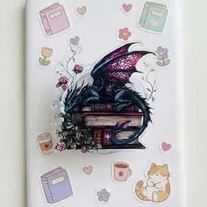 Dragon Sleeping on Books Phone Grip – Fantasy Bookish Accessory, Dark Floral Aesthetic Holder, Unique Gift for Book Lovers & Dragon Fans.