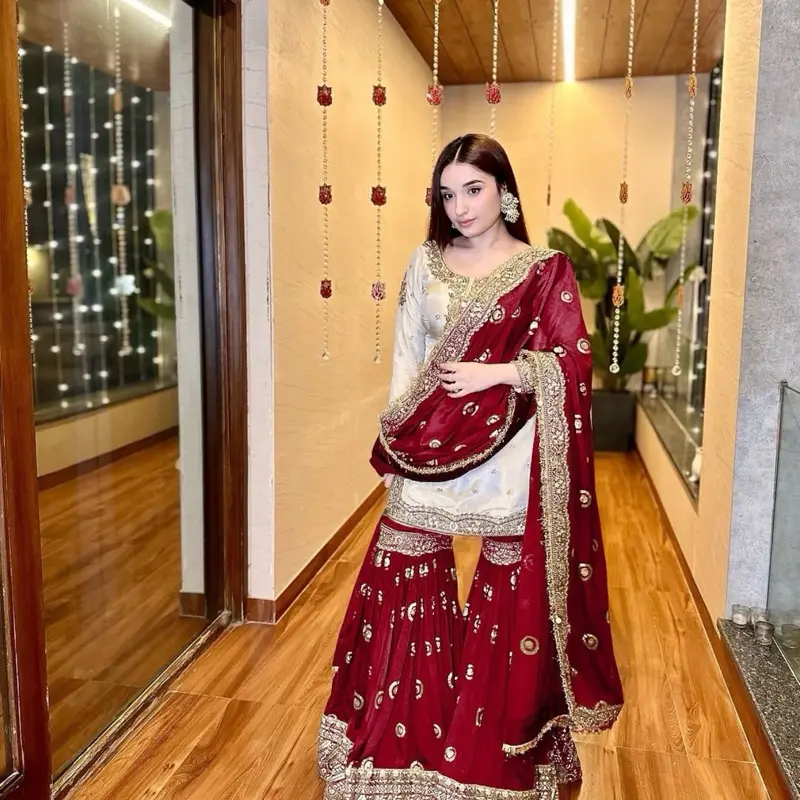Women's Elegant Red Embroidered Anarkali Maxi Dress - Long Sleeve Fashion Indian Casual Wear with Comfortable Fabric and Return Policy, Maxi Length, Embroidery