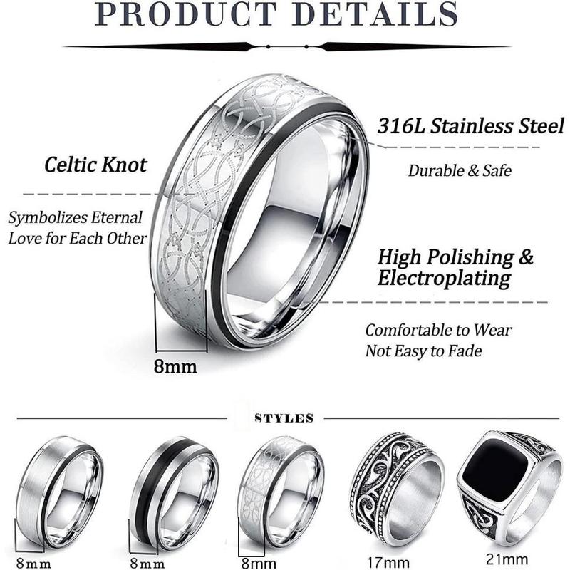 FLORIDECO Men's 7-Piece Stainless Steel Ring Set - Silver Matte Polished Celtic Knot & Gothic Biker Designs - Durable Waterproof - Perfect for Daily Wear & Gifts
