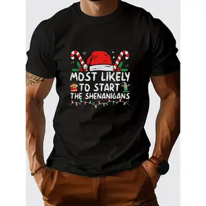 Men's Funny "Most Likely to Start the Shenanigans" Christmas T-Shirt - Short Sleeve Crew Neck Tee with Red Hat & Tree Design - Breathable Sweat-Resistant Shirt for Year-Round Wear, Novelty Gift Suitable for Men, Christmas Parties & Casual Attire