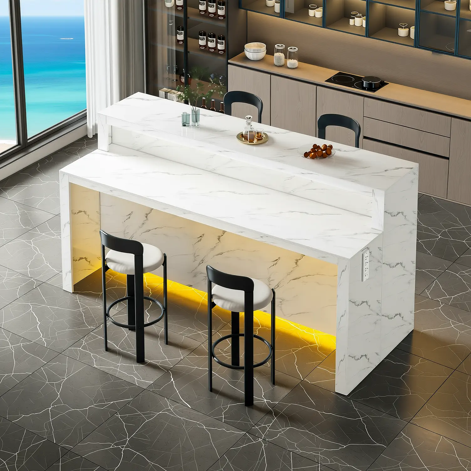 70.9" Faux Marble Kitchen Island with RGB LED Lights & Power Outlets, Modern Breakfast Bar Table with Storage Shelf for Dining Room Apartment