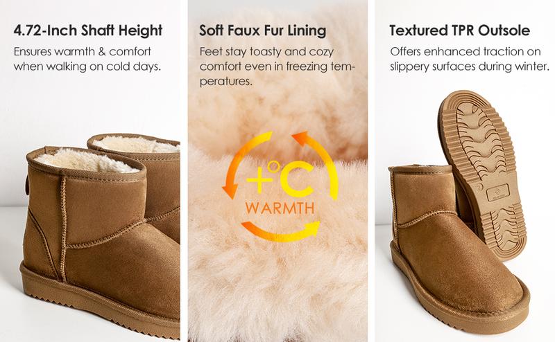 Dream Pairs [FuzzyClassic] Women's Black Brown Tan Grey Winter Snow I Low Boots Classic Faux Fur Lined Slip On Ankle Boots