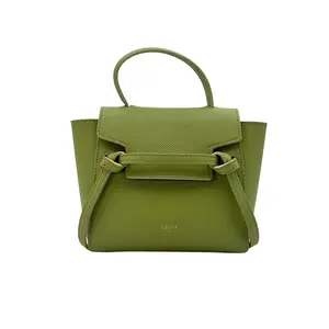 Pre-owned Celine Calfskin Shoulder Bags Pico Belt Green Leather Shoulder Bag CE132