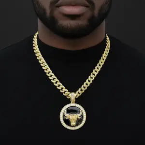 Men's Hip Hop Gold Plated Bull Medal CZ Pendant & 13mm 18" 20" 24" Iced Cuban Chain Necklace Fashion Jewelry