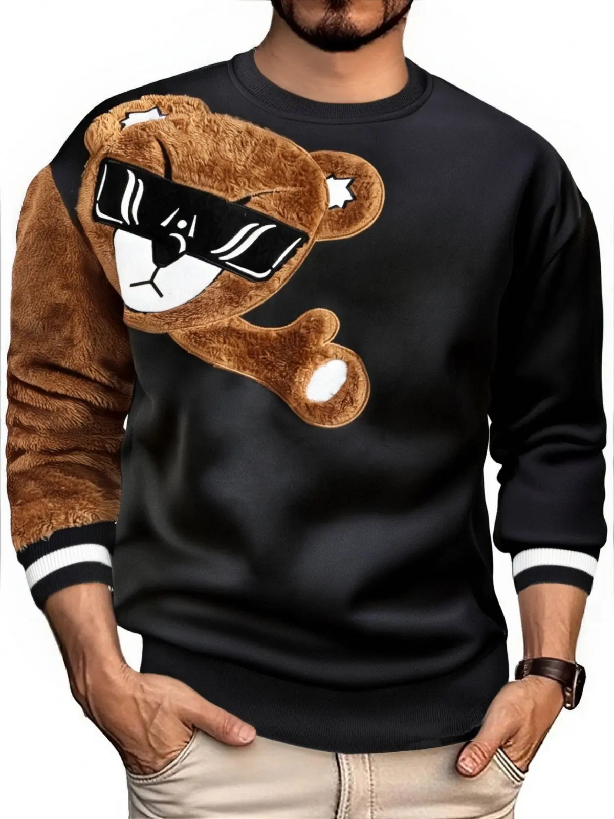 Men's Crewneck Menswear Sweatshirt - Stylish Casual Round Neck Pullover with 3D Plush Bear Appliqué, Cool Sunglasses Vibe, Asymmetrical Plush Sleeves, Minimalist Streetwear Top, Colorblock