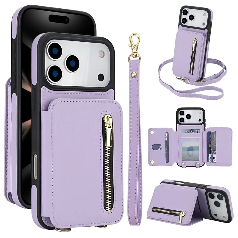 PU Leather Crossbody Wallet Case for iPhone 18 Pro 17 Pro Max, 16 Plus, 16, 15, 14, 13, 12, 11 - Detachable Lanyard, Hand Strap, Cash Holder, Zipper Closure, Credit Card Slots, Mobile Phone Accessory Flip Cover