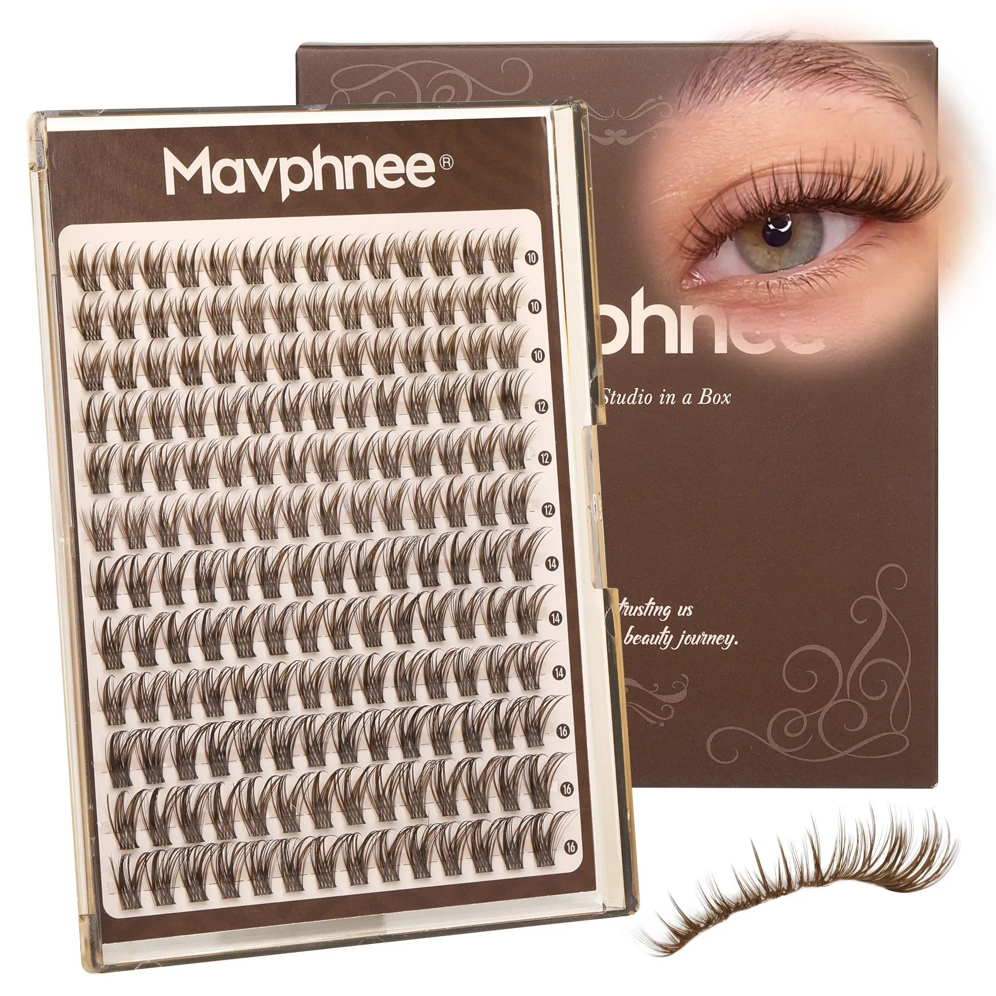 Mavphnee Brown Lash Clusters, Natural Wispy Individual Eyelash Extensions, CC Curl, 10-16mm Mixed Lengths, Soft Definition for Daily Wear, Blondes & Redheads, Eyelashes Extensions, Soft Cluster Lashes, Natural Lash Clusters