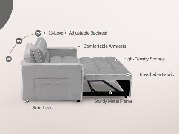 [JumpstartSale]EBELLO Velvet Convertible Pull Out Sofa Bed, 3-in-1 Loveseat Sleeper with Adjustable Backrest, Modern Futon Couch with 2 Pockets, Small Love Seat Sofas for Living Room, Bedroom, Apartment, Off White