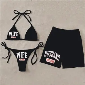 Husband Wife Couple Swimsuit – Women String Bikini & Men Quick Dry Beach Shorts