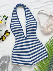 Swim Vcay Womens White Knit Romper | Deep V-Neck Backless Sexy Fitted Summer Outfit