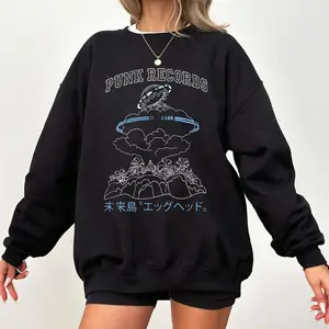 1 Piece Egghead Island Punk Records Sweatshirt, Anime Manga Crewneck Pullover, Japanese Graphic Unisex Streetwear, Gift for Anime Fans Otaku