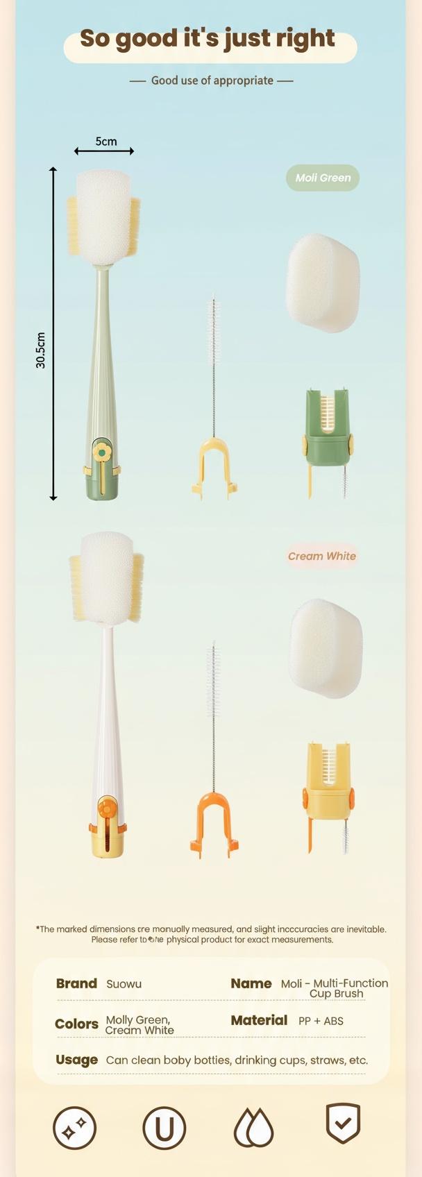 5-in-1 Multifunctional Bottle Scrubber Set – Straw Brush Included, Cleans Bottles, Cups, Straws & More (Cream White/Jasmine Green)