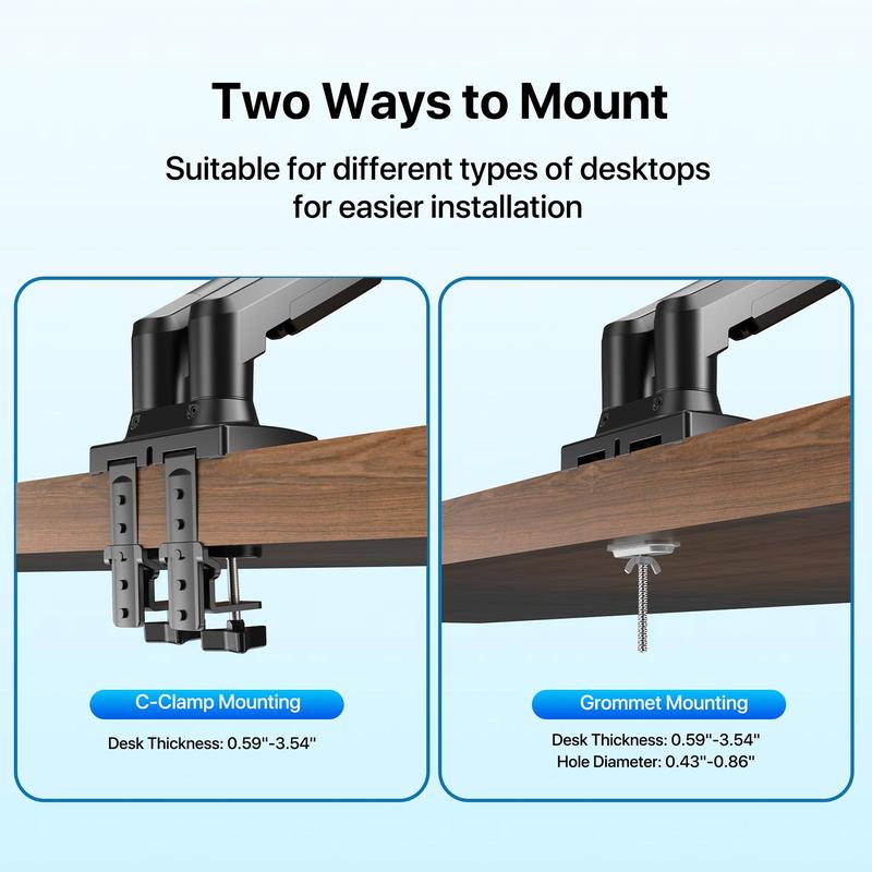 HUANUO Dual Monitor Arm Adjustable Gas Spring Monitor mount for Gaming and Home Office Setups, Monitor Arm hold up to 30" with 19.8 lbs Max Weight and C-Clamp or Grommet Hole Mounting