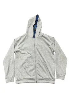 Gray checkered reversible hooded sweatshirt for men and women, American style plaid patchwork zip-up cardigan jacket, vintage trendy top, women's sweatshirt, women's zip-up hooded jacket.