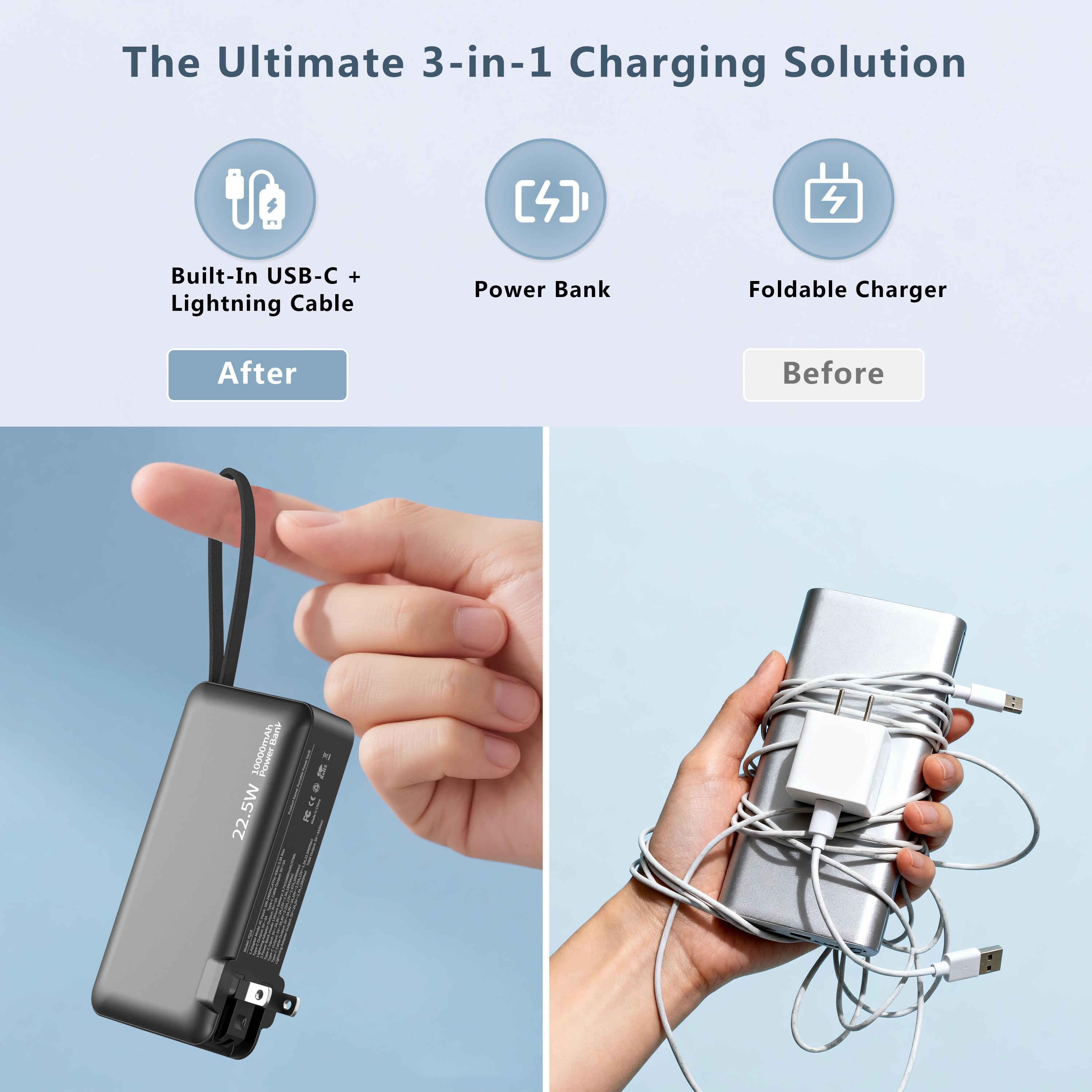 Portable Charger Power Bank with AC Wall Plug, 10000mAh Built-in Cables PD 22.5W Fast Charging with LED Display, Travel Accessories for iPhones & Smart Devices