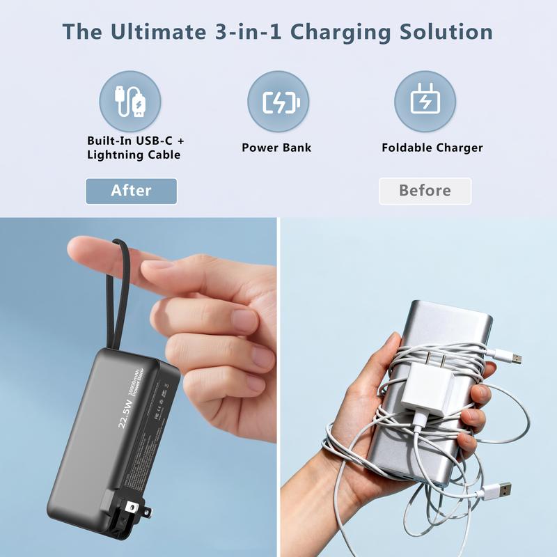 Portable Charger Power Bank with AC Wall Plug, 10000mAh Built-in Cables PD 22.5W Fast Charging with LED Display, Travel Accessories for iPhones & Smart Devices