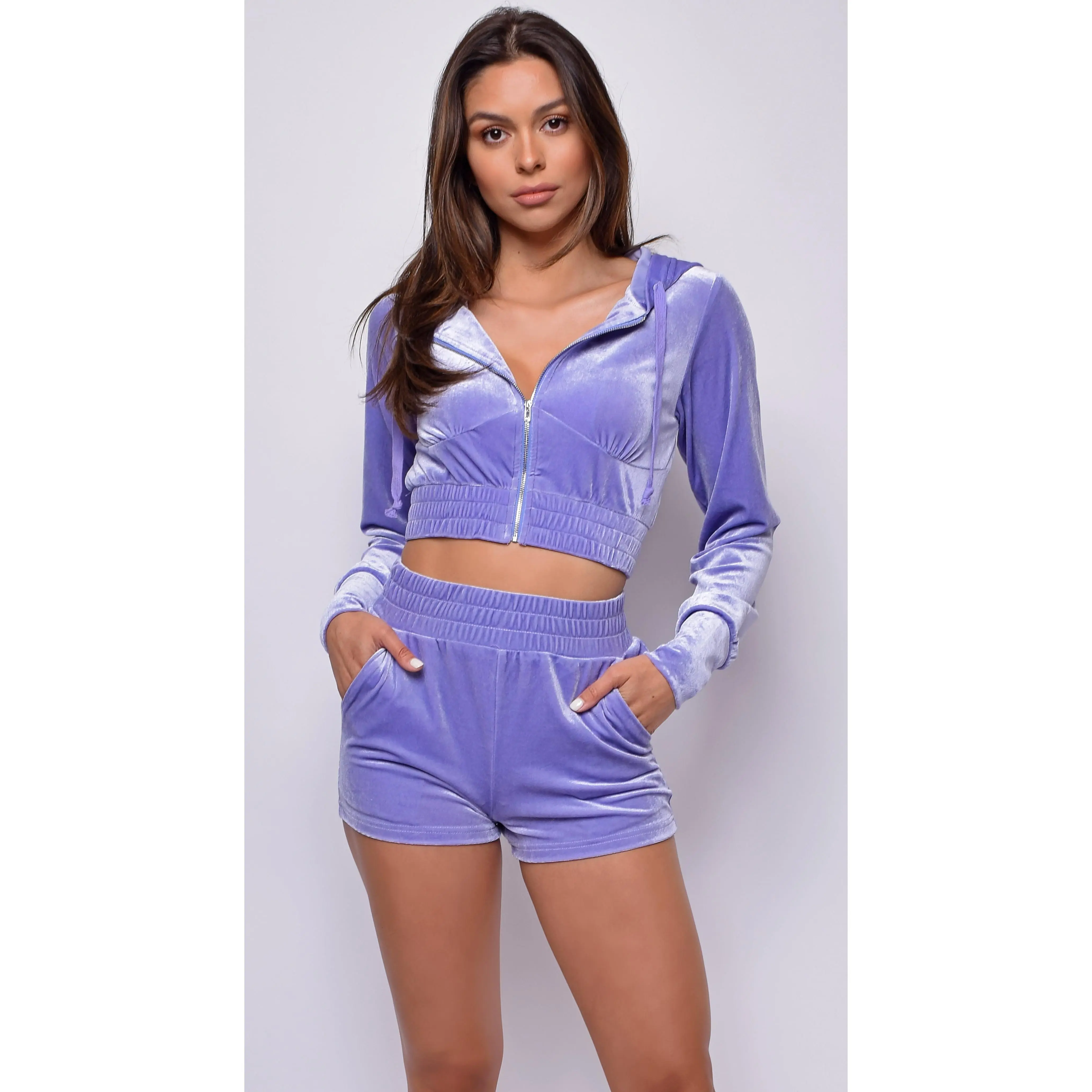 Lounge Around Lavender Purple Velour Crop Hoodie Shorts Set