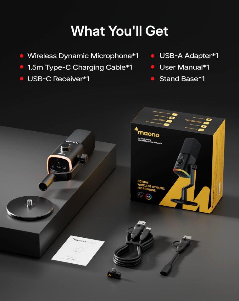 Maono PD100W Wireless & USB gaming microphone for podcast recording, meeting, dynamic RGB mic with quick mute, headphone jack, gain knob, volume control, desktop mic for PC Gamer. widely compatible with PCs, smartphones, laptops, PS4, and PS5.