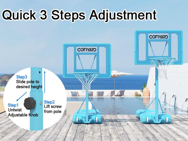 COFIYARD 32-inch swimming pool basketball hoop, equipped with a shatterproof backboard, with adjustable height ranging from 2.95 to 3.95 feet. It also comes with two basketballs and an air pump. Suitable for teenagers and adults.