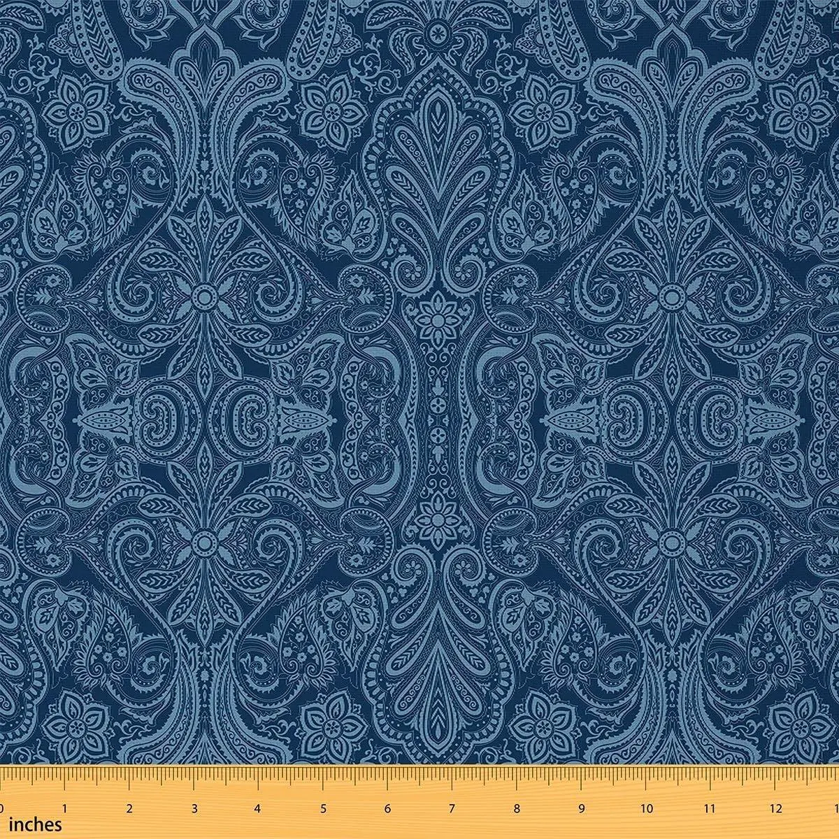 Feelyou Blue Vintage Damask Polyester Fabric by the Yard - Waterproof, Easy-Clean Boho Gothic Upholstery Fabric with Classical Paisley for Chairs, Home Decor