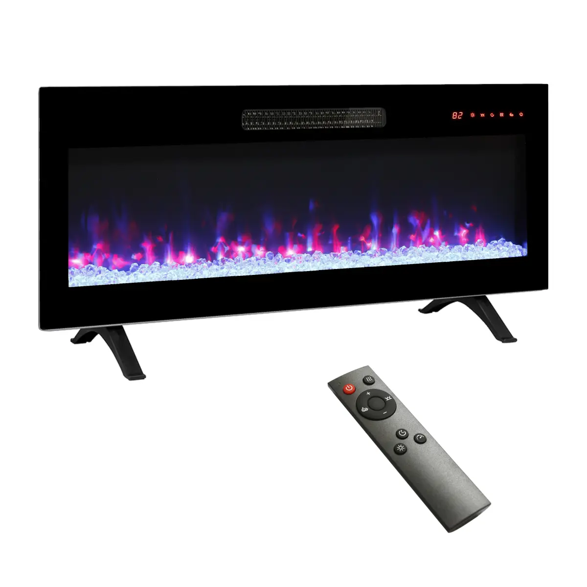 36 inch recessed ultra thin tempered glass front wall mounted electric fireplace with remote and multi color flame & emberbed, LED light heater, 1 To 9 Hours, 11 Temperature Settings, 1400W, 3 Display Styles, 3 Installation Methods, 5 Settings Of Brightne