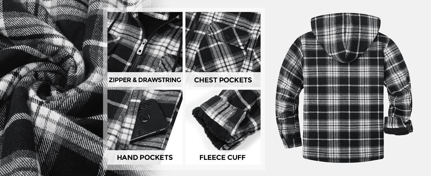 ZITY Men's Green Warm Sherpa Lined Flannel Jacket Fleece Hoodie Plaid Zip Up Outdoor Winter Coat Casual Workwear Tops Checked heated jacket Long Sleeve Tights Menswear