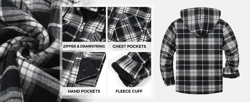 ZITY Men's Green Warm Sherpa Lined Flannel Jacket Fleece Hoodie Plaid Zip Up Outdoor Winter Coat Casual Workwear Tops Checked heated jacket Long Sleeve Tights Menswear