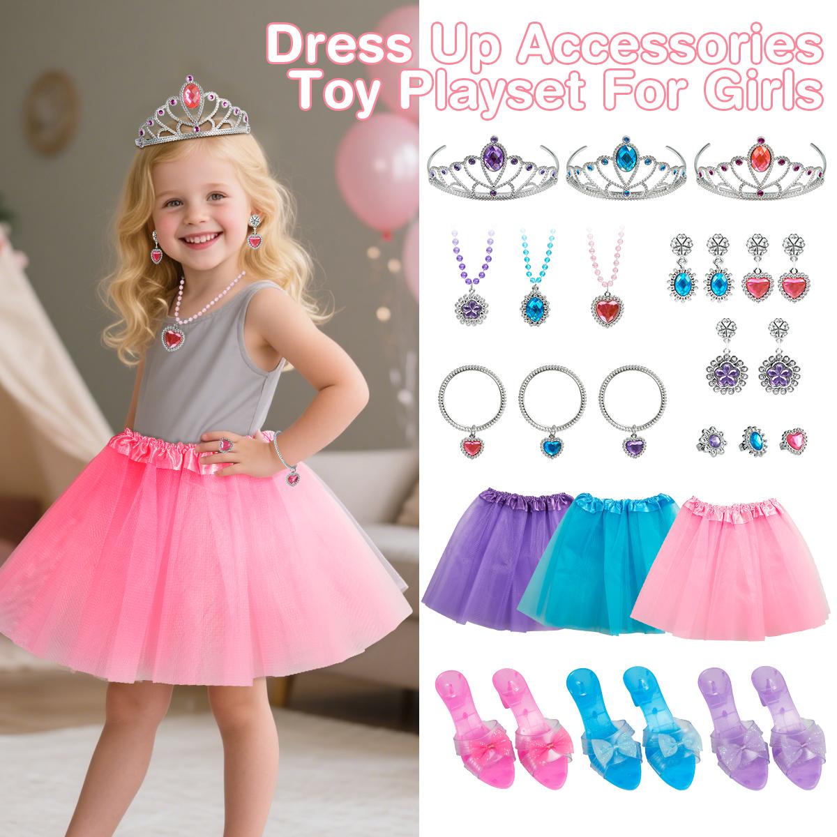 Princess Dress Up Toys & Jewelry Boutique for Toddler and Girls Aged 3-6 Years Old, Dress Up Set with 3 Color Skirts, Shoes and Crowns | Role Play Costume Gifts for Birthday Christmas Halloween