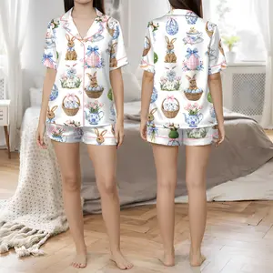 Women's Coquette Bunny Short Sleeve Satin Pajama Set, Chinoiserie Easter Sleepwear, Gift For Mother's Day
