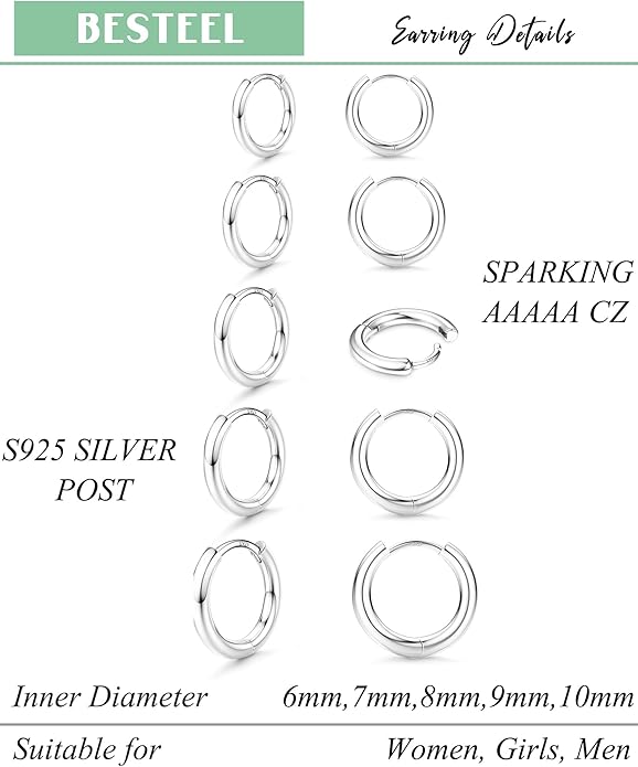 BESTEEL 5 Pairs Small Sterling Silver Hoop Earrings Set for Women Lightweight Tiny Huggie Hoops Silver Mini Cartilage Earrings Pack Hypoallergenic Ear Piercing