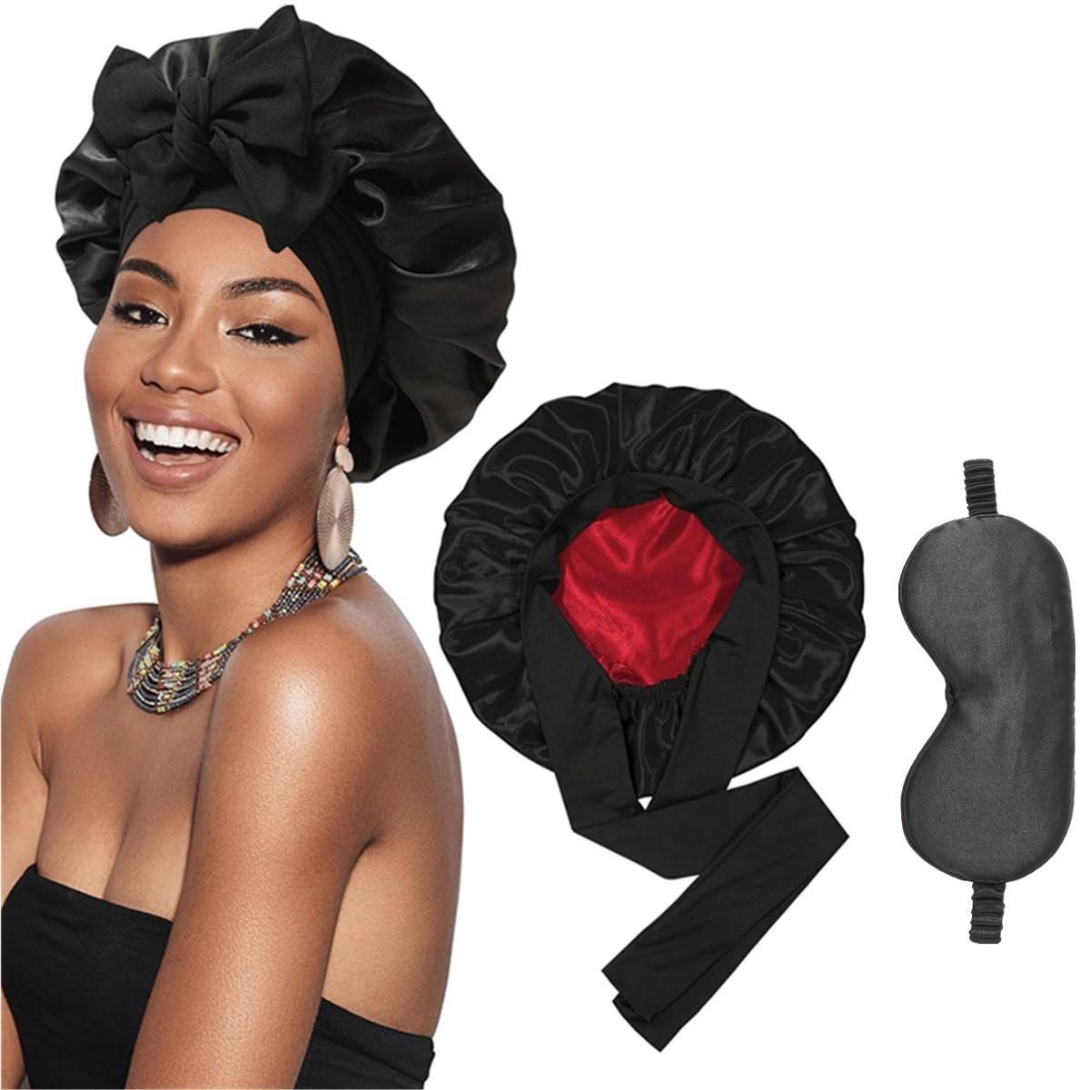 Double Layer Satin Bonnet and Eye Mask 2-piece set for Women Silk-Like Bonnets for Sleeping   cap Curly Nightcap with Elastic Tie Band Gifts for Women Hair Wraps