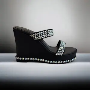 The Markey - Black Leather Wedge Heels with Crystals