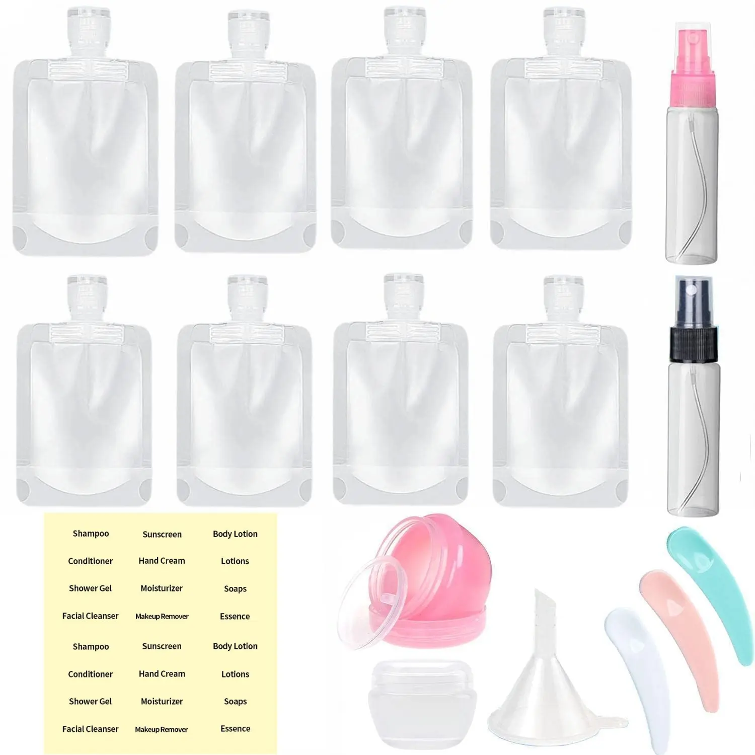 17PCS Travel Pouches for Toiletries,Travel Size Portable Containers,Stand Up Pouch,Refillable Travel Accessories for Shampoo Conditioner Lotion Soap Liquids