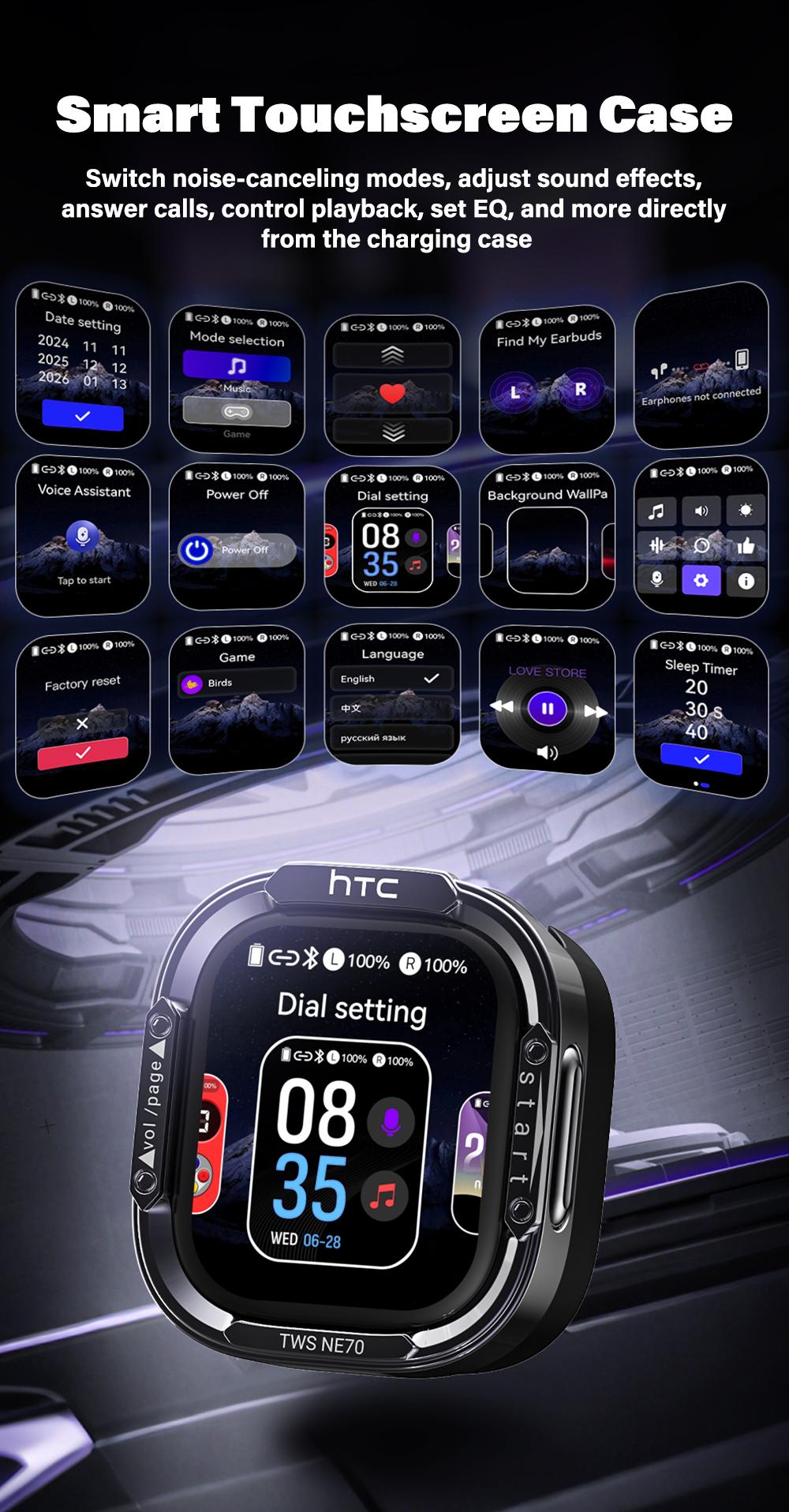 HTC NE70 Bluetooth 6.0 Earphones Light Weight in Ear IPX5 Waterproof Headphones Wireless Earbuds with Smart Touch Screen Suitable for Gaming Office Sports Study and Audio Calls Built-in Microphone Earphones