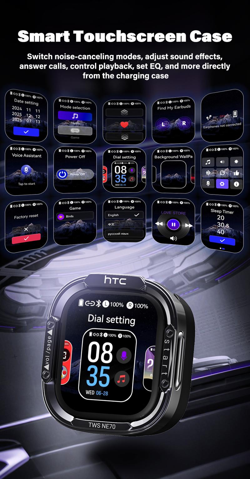 HTC NE70 Bluetooth 6.0 Earphones Light Weight in Ear IPX5 Waterproof Headphones Wireless Earbuds with Smart Touch Screen Suitable for Gaming Office Sports Study and Audio Calls Built-in Microphone Earphones