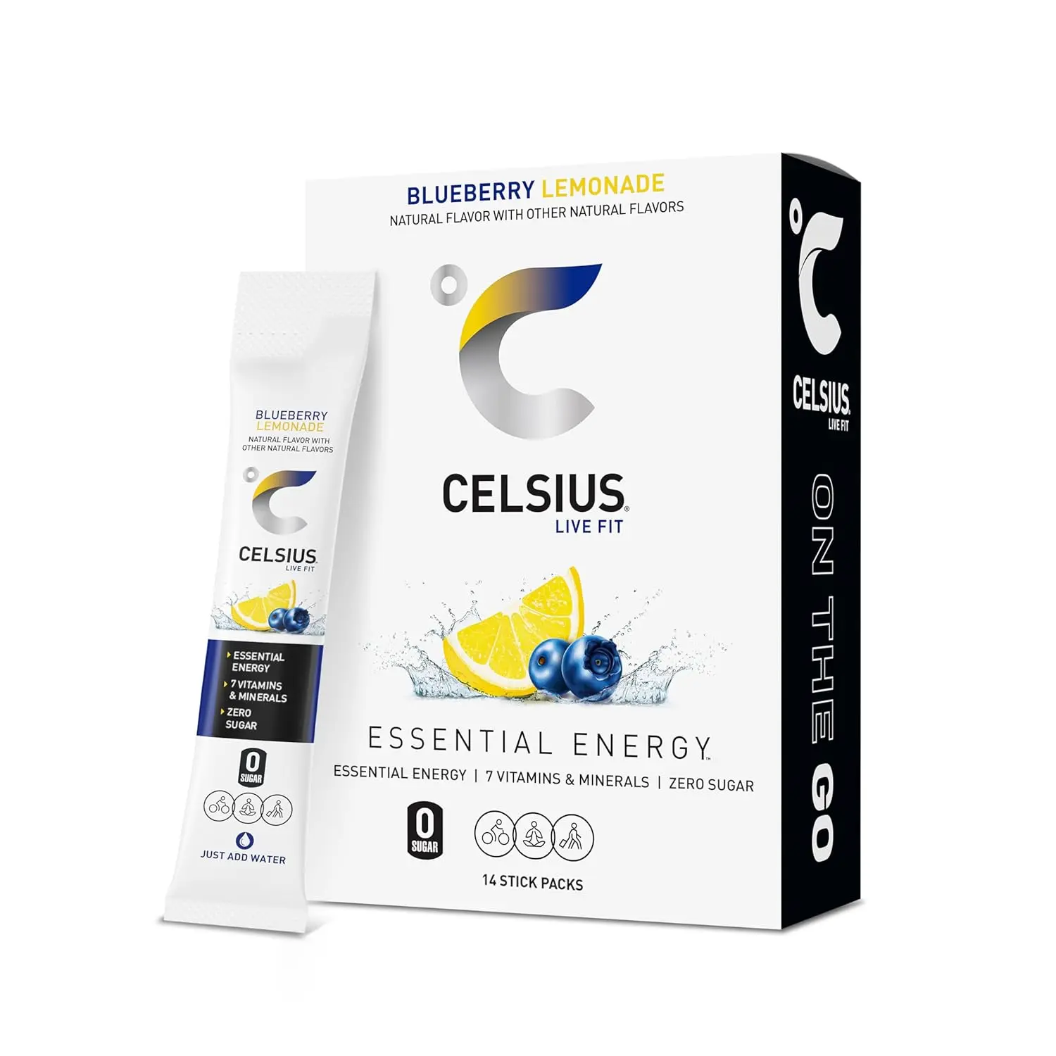CELSIUS On The Go Sugar-Free Blueberry Lemonade Energy Drink Powder Mix - 14 Boxed Energy Boost Sticks, Contains Caffeine, Suitable for Room Temperature Consumption