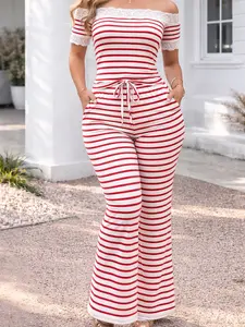 2pcs Chic Women's Off Shoulder Lace Top&Pants Striped Set, 2026 New Year's Outfit Casual Set, Wide Leg Pants Casual Fashion All Seasons Womenswear