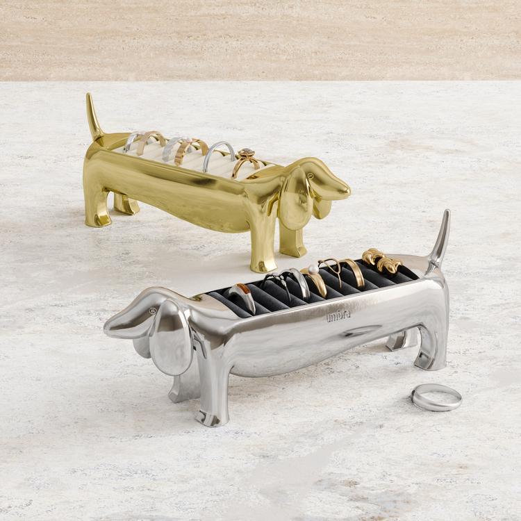 Umbra Dachsie Ring Holder - Holds Up to 10 Rings, Polished Metallic Finish, Velvet Padded Base, Jewelry Storage Organizer for Dog Lovers