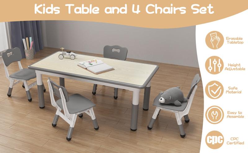 【GARVEE】Adjustable Height Table and Chair Set for Toddlers Ages 2-10, Includes One Table with Graffiti Desktop and Four Chairs, Features Non-Slip Legs, Suitable for Arts & Crafts, Daycare, Classroom, or Home Use in Grey or Natural Color