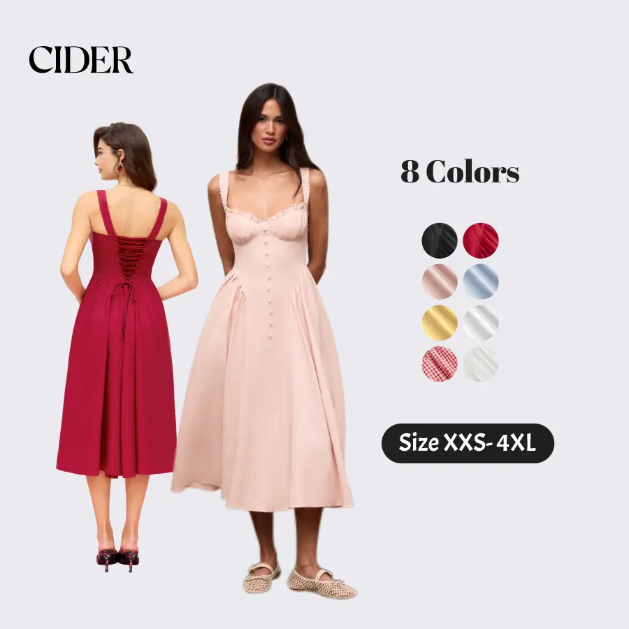 Cider Maxi Dress – Women's Daily Casual Ruffled U-neckline Lace Up Back Fixed Straps A-line Flared Cotton Blend Dress - Balletcore Aesthetic Romantic Date Picnic Gown for Summer