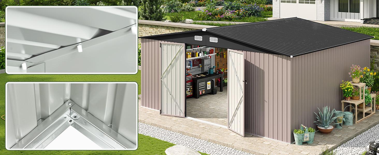 Aoxun 10 x 12FT Outdoor Storage Shed with Double Hinged Large Door & Lockable Door Brown Metal Sheds for Garden Backyard Patio