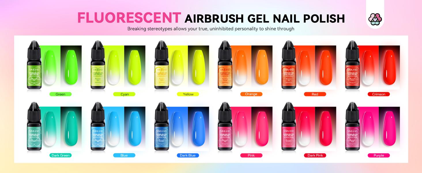 SAVILAND Airbrush Gel Nail Polish Set: 12 Vibrant Neon Colors No Dilution Needed Perfect for French Manicures DIY Nail Art Parties Gifting