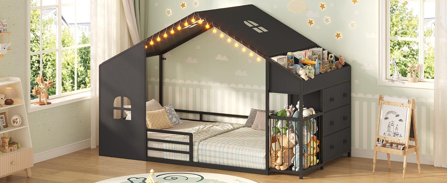 Twin Size Montessori Floor Bed with LED Night Light & Safety Guardrail, House Bed Floor Bed Twin with Drawers, Bookshelf storage & Plush Toy Storage Cage, Playhouse Bed Frame for Bedroom, Nursery, Black