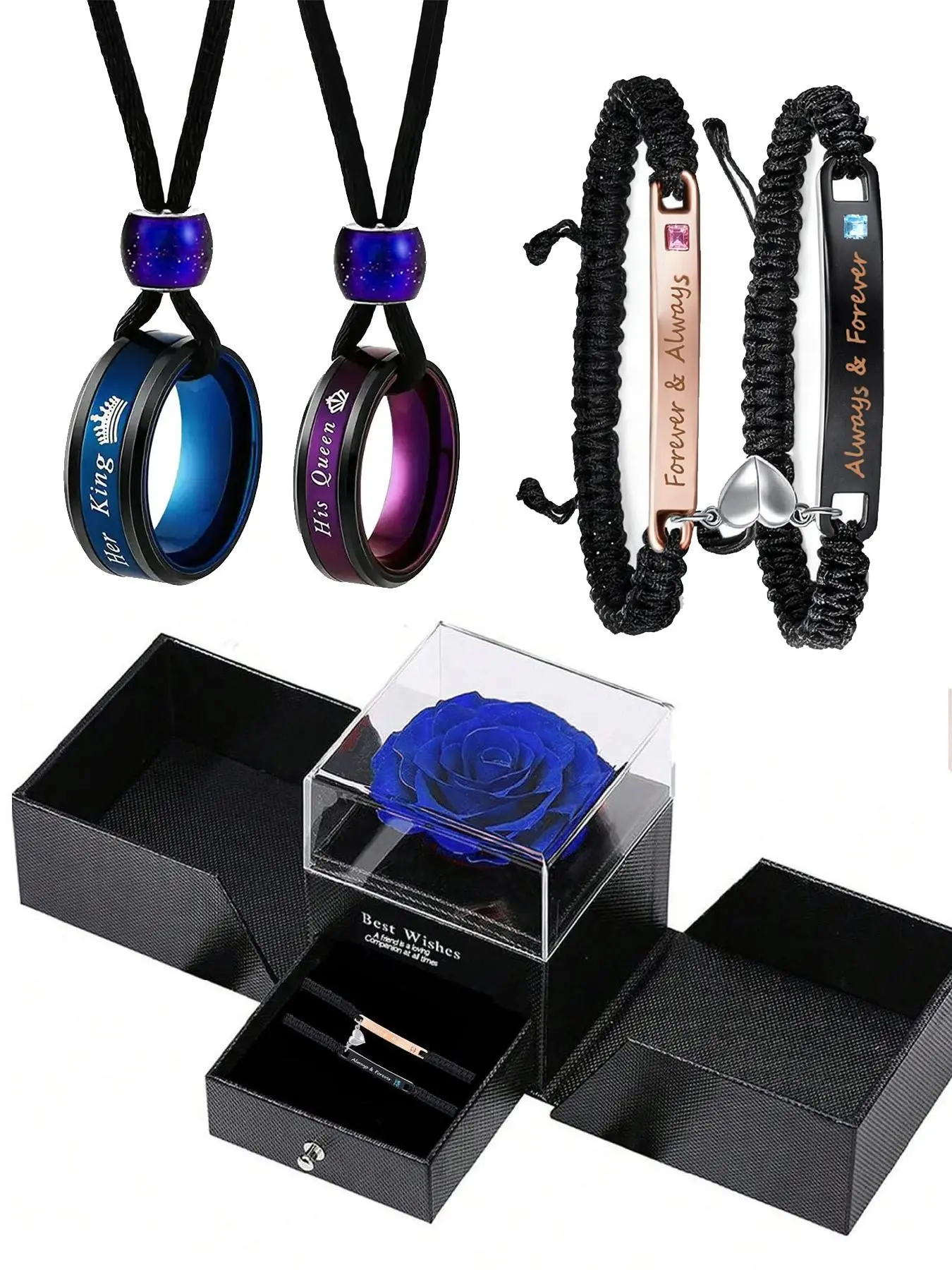 4-piece couple's bracelet and necklace set, Couples jewelry set, couple's jewellery set includes a rose gift box, perfect gift for him/her, Valentine's Day, Christmas, anniversary gift