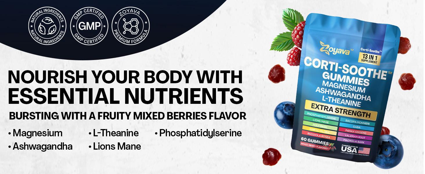 Zoyava Corti-Soothe Gummies - Mixed Berry Flavored All-in-One Cortisol Supplement with Magnesium, L-Theanine, Lions Mane & 10+ Extra Strength Ingredients, 60 Edible Gummies