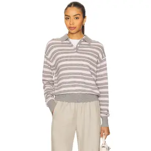 Guest In Residence Collegiate Stripe Polo Sweater in Heather Grey Combo