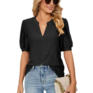 Women's V Neck Blouses Short Puff Sleeve Tops Casual Summer Eyelet Hollow Out Shirts Business Work Tunic Tops