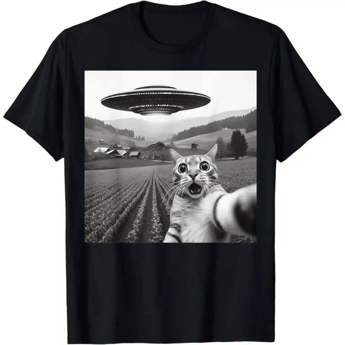 Men's Alien Graphic Short-Sleeve T-Shirt, Funny Cat Selfie Print Pattern, Casual Standard Fit with Slight Stretch, Skin-Friendly Fabric, Alien Graphic Men's Short-Sleeve T-Shirts, Cartoon Character Graphic Men's Short-Sleeve T-Shirts