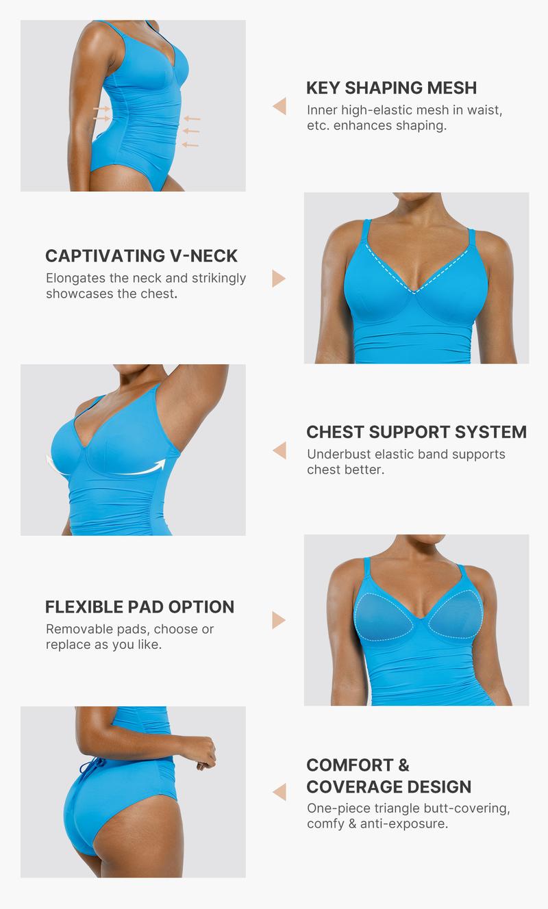 Shapellx Women's Back Drawstring One-piece Swimsuit V-neck Elastic Triangle-Cut Bottom Customizable Shoulder Band Removable Chest Pads Swimwear