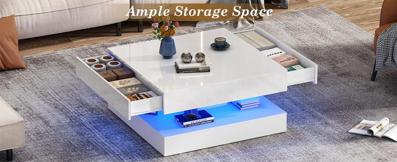 33.9" LED Coffee Table with Large Storage Cabinet, Modern High-Gloss Living Room Table with 2 Drawers, Double-Layer Big Square Center Table for Living Room Decor, Home & Office